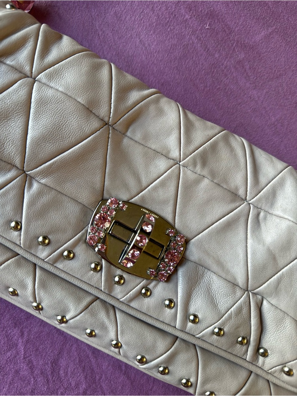 Miu Miu by Prada Quilt Studded Shoulder Bag Jeweled Chain Y2K Clutch Versatile - Picture 2 of 11
